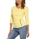 thumbnail image 4 of Blusa de mujer con fruncidos Inspire Chic, decoración de botones, cuello en V, manga 3/4, top de punto sólido, 3XL, amarillo claro, 4 of 6