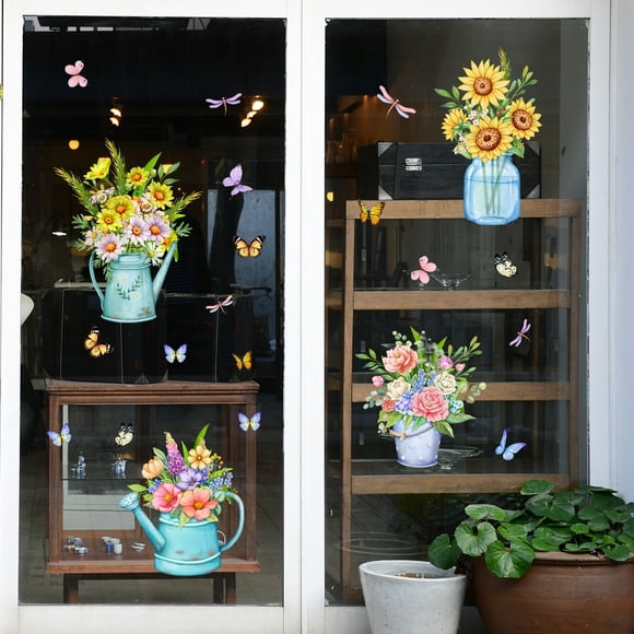 Fresh Vases Green Plants Flowers Glass Stickers Home Decoration Wall Stickers
