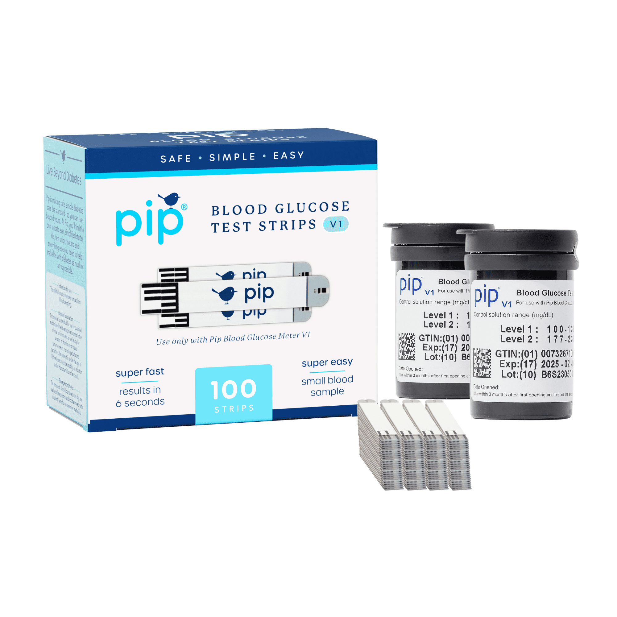(2 pack) Pip V1 Blood Glucose Test Strips, 100 Count - Diabetic Test Strips for Daily Blood Sugar Testing