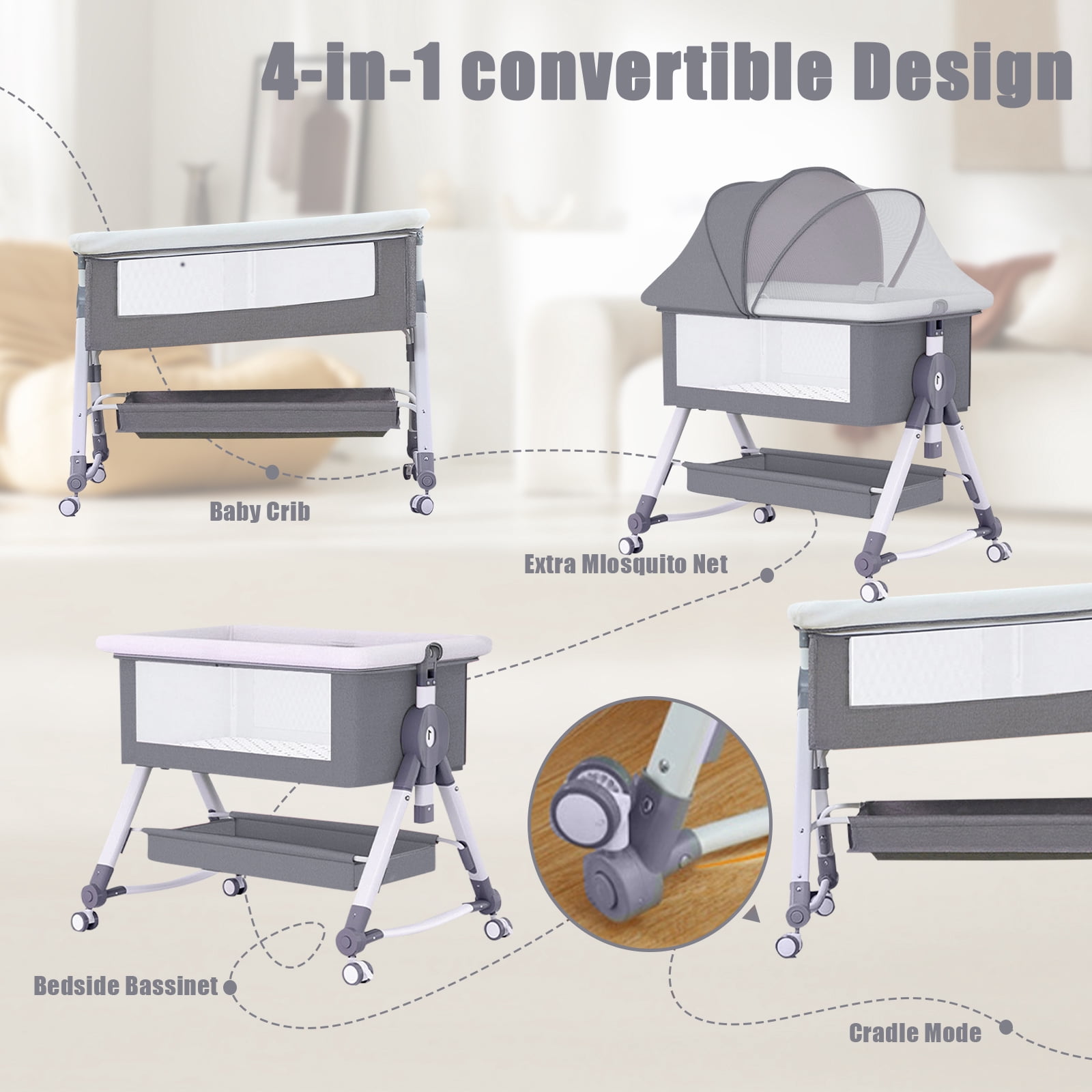 KFeng Baby Bassinet with Changing Table & Wheel,Adjustable Height for 0-36 Months,Gray