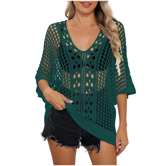 SELONE Swim Suit Coverup for Women Beach Tops 3/4 Sleeve Cutout Bathing Suit Crew Neck Short Summer Clothes Green