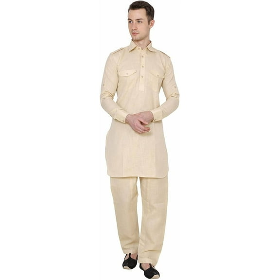 Royal Kurta Men's Cotton Pathani Kurta Pyjama Biege