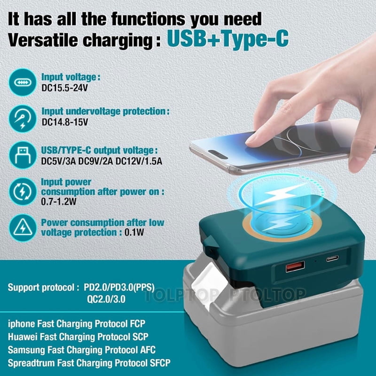 Magnetic wireless charger, for De*walt 20V Li-ion Battery, with USB/TYPE-C, Fast charging battery adapter