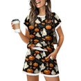 thumbnail image 2 of Women's Halloween 2 Piece Sets Pumpkin Bat Short Sleeve Funny T Shirts Matching Candy Skull Pleated Spooky Shorts, M, 2 of 5