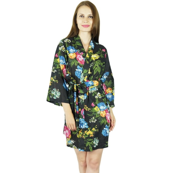 Bimba Women Short Cotton Robe Floral Print Getting Ready Bridesmaid Robes- Black