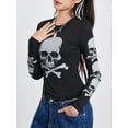 thumbnail image 6 of KelaJuan Women's Spring Autumn Slim Tops Black Long Sleeve Round Neck Skull Print T-shirt, 6 of 6