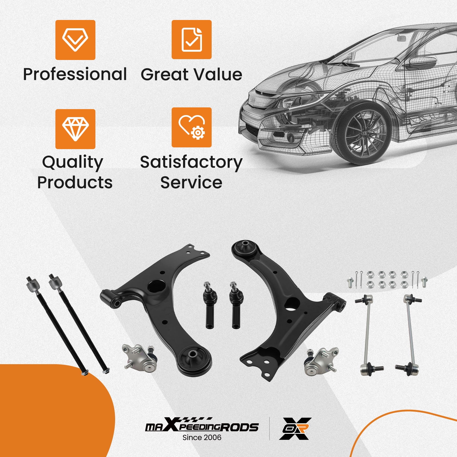 maXpeedingrods 12Pcs Front Suspension Kit for Toyota Corolla E140/Matrix 2009-2013 1.8L, 2 Lower Control Arms, 2 Lower Ball Joints, 2 Sway Bar End Links, 4 Outer & Inner Tie Rods, K640361 K640360