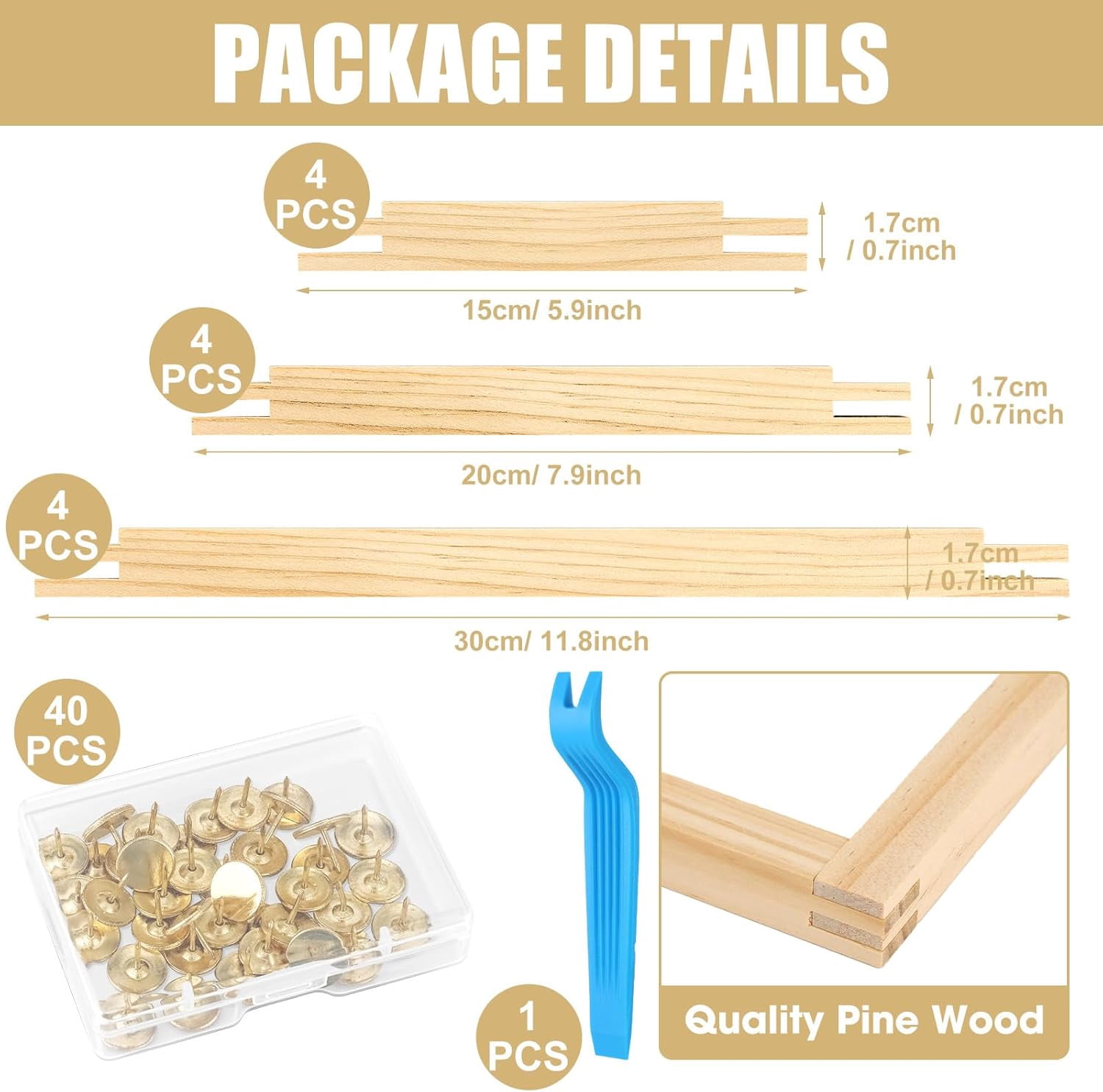 12 PCS Needlepoint Stretcher Bars 3 Sizes Stretcher Bars for Needlework with 40 Thumb Tacks Remover Wooden Canvas Art Supplies Stitch Frame Set for Needlepoint Embroidery Bundle with Crafts