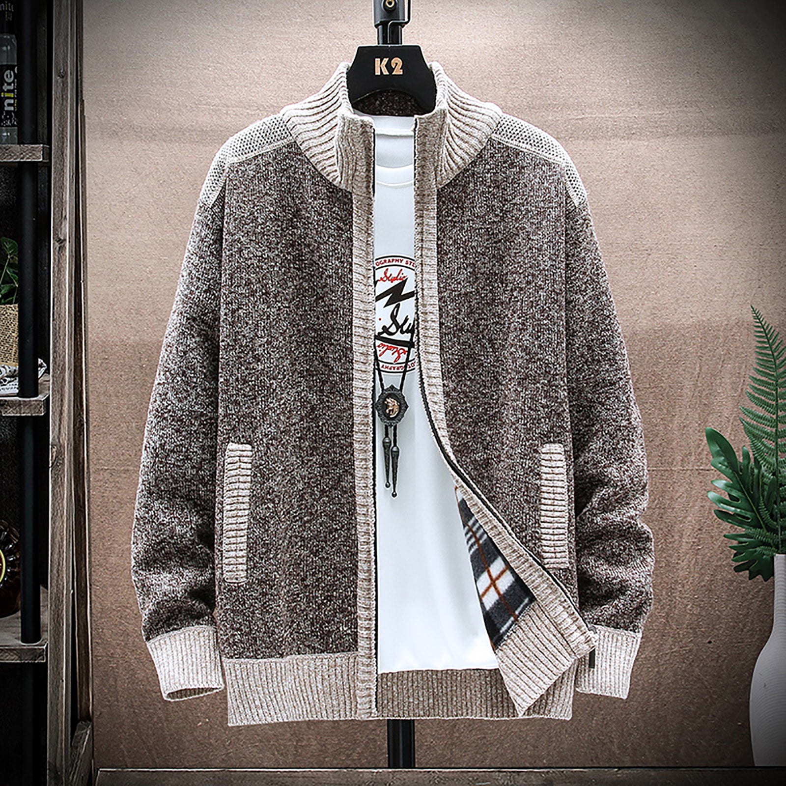 NWQKYZGH Men Coats Clearance Men'S Sweater Coat Plus Velvet Loose Knit Sweater Printed Cardigan