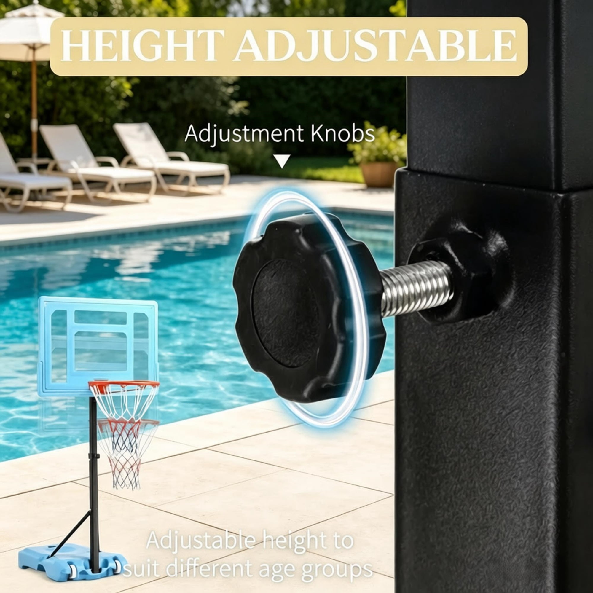 Adjustable Poolside Basketball Hoop Stand 5 Height Levels 36.5-48.5in, Weighted Fillable Base with Rolling Wheels Portable Water Basketball Game for Family Pool Party