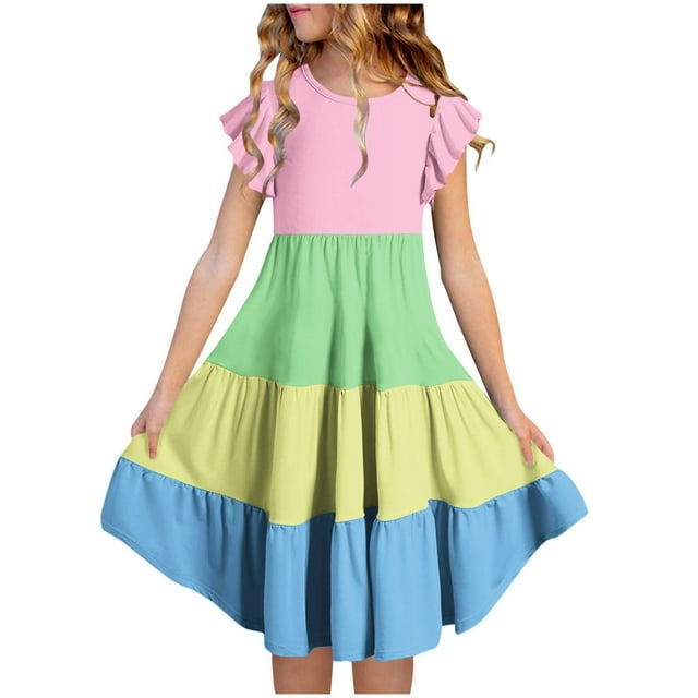 NTACZA Robes Midi Filles à Blocs de Couleur à Volants Robes d'Anniversaire Ligne A Col Ras du Cou Jeunesse Fluide Robe d'Été 5 Ans