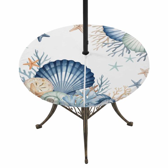Round Outdoor Tablecloth with Umbrella Hole and Zipper, Navy Blue Shell Coastal Tablecloth with Elastic Waterproof, Starfish Coral Summer Ocean Nautical Patio Table Covers for 55" - 60" Pool Tables