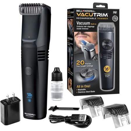 Bell+Howell Vacutrim Cordless Beard Trimmer – Rechargeable Electric Shaver with Built-in Vacuum, 20 Trim Settings, LED Indicator – for Mustache, Sideburns, Facial Hair – Deluxe, 7.5" As Seen On TV