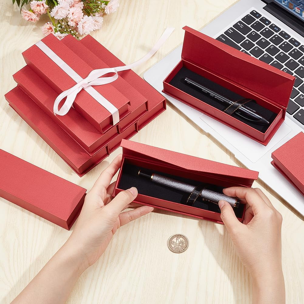 Rectangle Cardboard Pen Storage Boxes with Magnetic Flap Lid Pen Gift Case with Velvet Inside Dark Red 17x5.25x2.45cm