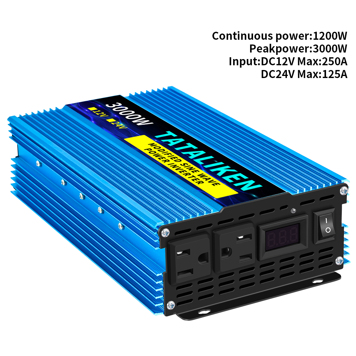 TATALIKEN 3000W（Rating power 1200 W）Power Inverter DC 12V to AC 110V/120V Car Inverter with Battery Clamp Cable 2 AC Outlets for Power Tools Home Vehicles RV Truck, LCD Display Blue