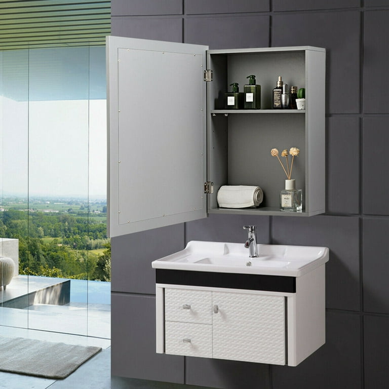 Wall-Mounted Mirror Cabinet Bathroom Storage Organizer Medicine Cabinet  Grey