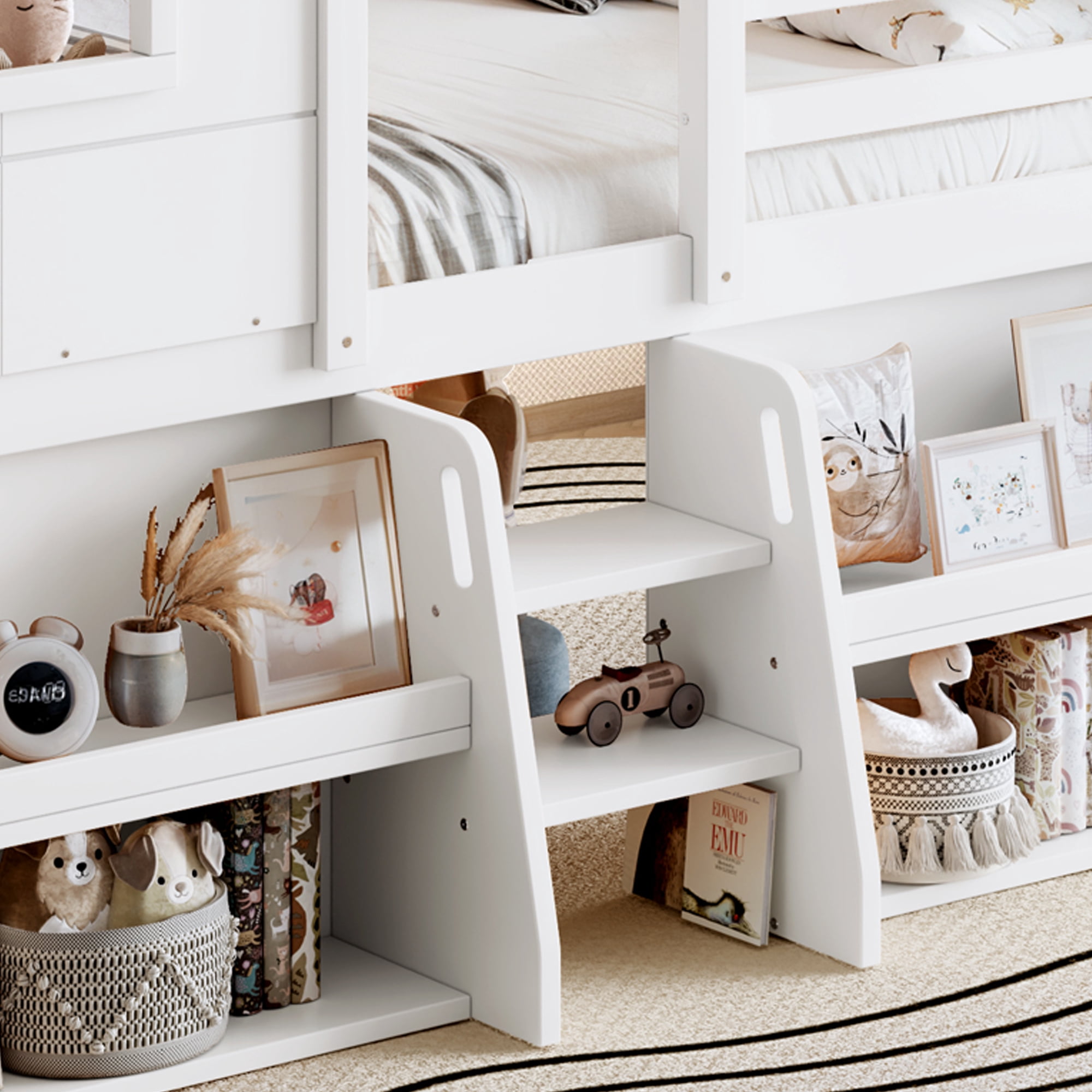 Leumius Full Size Loft Bed with Storage Shelves and Stairs, House Loft Bed with Playhouse Shape Roof and Window, Childlike and No Box Spring Needed Design, White