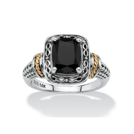 Antique 14k Gold Ring - Cushion-Cut Genuine Black Onyx Two-Tone Textured Halo Ring in Antiqued Sterling Silver and 14k Yellow Gold Accents