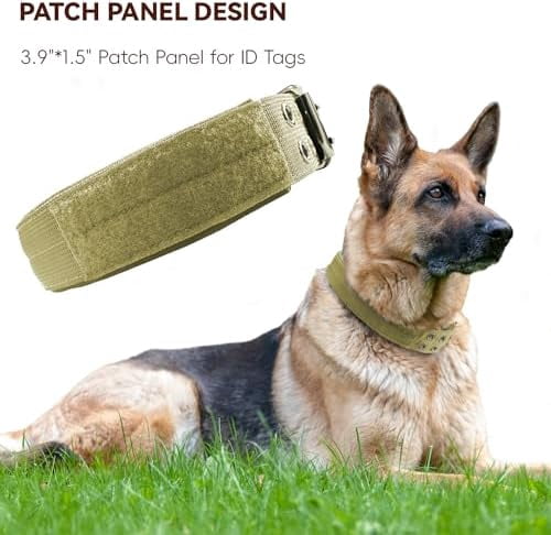 Heavy Duty Dog Collar for Large Dogs, Tactical Dog Collars with Metal Buckle & D Ring, 1.5" Width Thick Adjustable Nylon Collar for Medium Dogs, Khaki/L