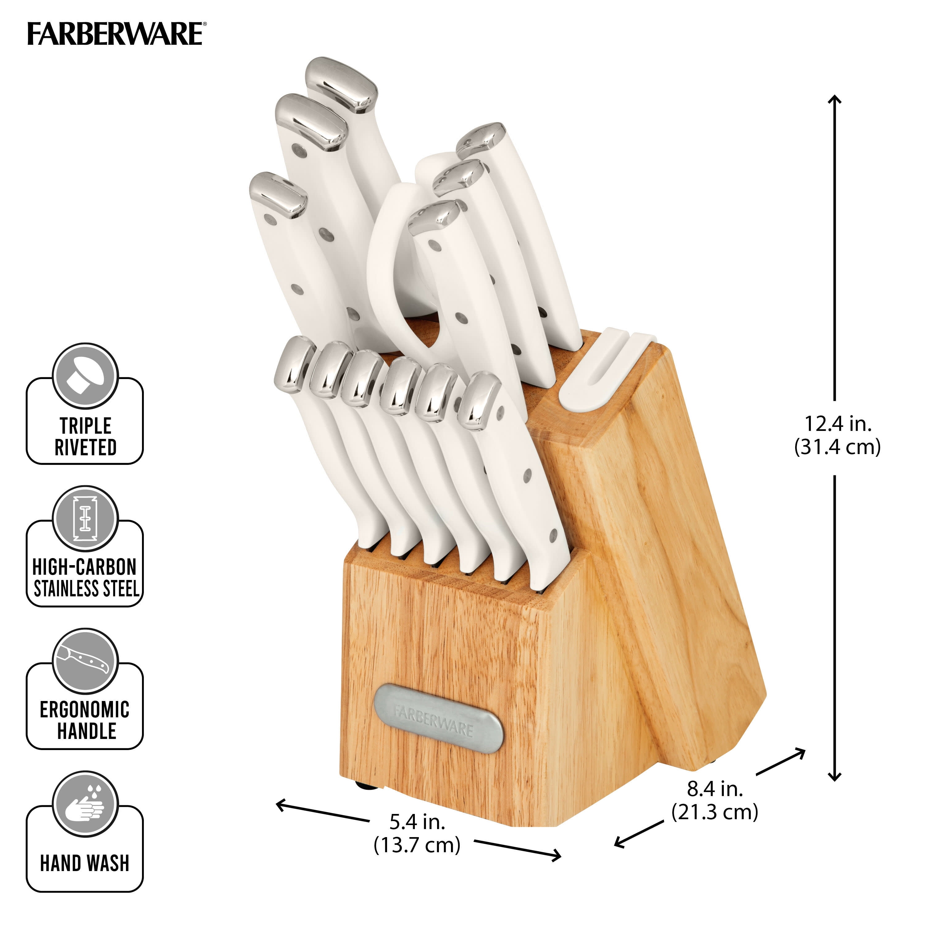 Farberware Edgekeeper Triple Riveted Knife Block Set with Built in Sharpener 14-piece in White