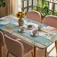 thumbnail image 3 of Teal Brown Beach Coastal Table Cloths for 5 Foot Rectangle Tables, Summer Nautical Coral Shell Botanical Vintage Patio Waterproof Elastic Fitted Tablecloths, Rectangular Table Cover for Camping, 3 of 8