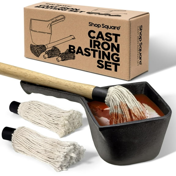 Cast Iron Basting Pot and BBQ Mop Brush, Basting Set with 2 Replacement Brush Heads for Meat Smoker, Grill and Stove, 24 Oz