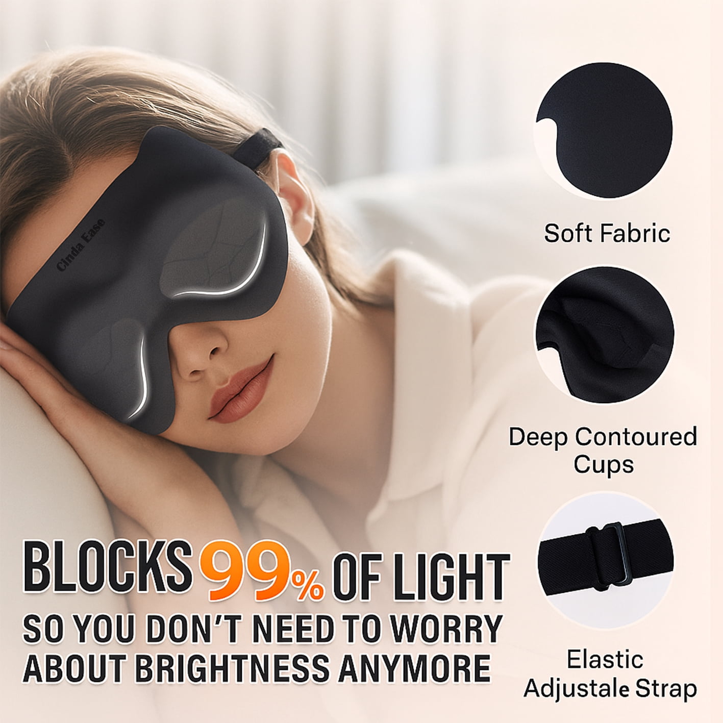 Cinda Ease 6D Sleep Mask for Women & Men - Light Blocking 99% with Deep Contoured Eye Cups, Adjustable Strap, Breathable Spandex Fabric, No Pressure Eye Cover for Sleeping, Nap, Travel, Meditation