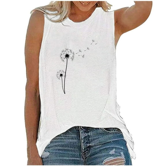 BLVB Summer Tank Tops for Women Printed Round Neck Sleeveless T-Shirts Casual Loose Going out Blouse Tees
