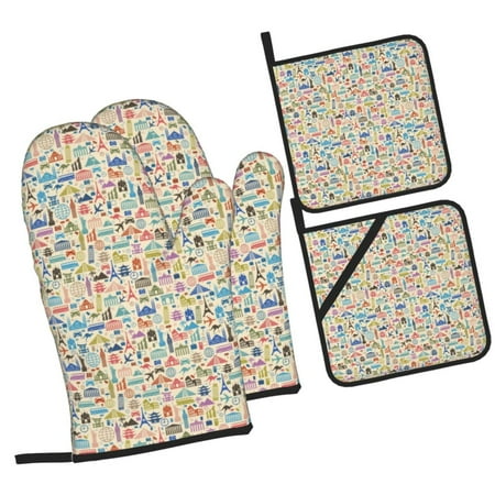 

Tebeau Famous Places Print 4 Pcs Oven Mitts and Pot Holders 500°F High Heat Resistant Kitchen Oven Mitts with Pot holders Long Oven Mitts for Baking and Cooking
