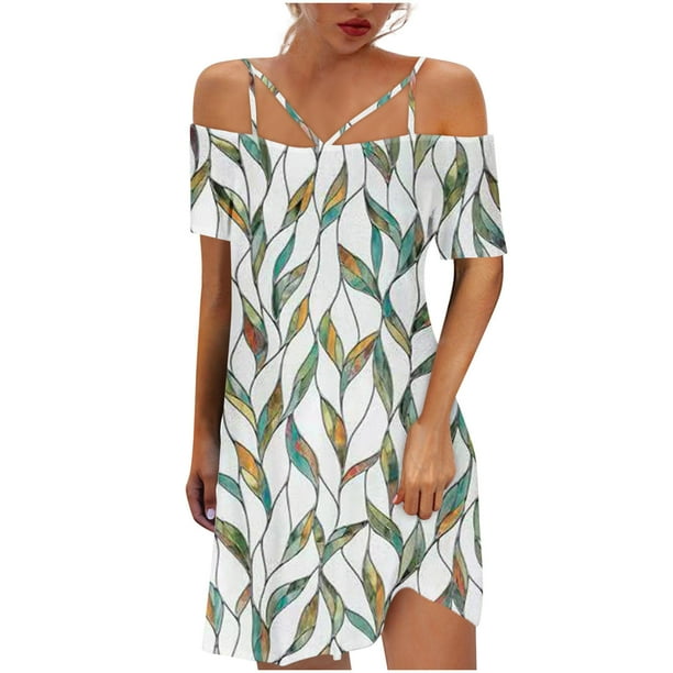 Moda mujer casual sexy hombro frío impresión verano manga corta vestido Fridja bnh738
