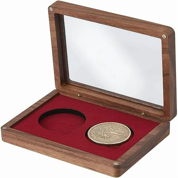 Estuche de exhibición para monedas de desafío, de madera con dos ranuras, rectangular, rojo, con ventana acrílica.