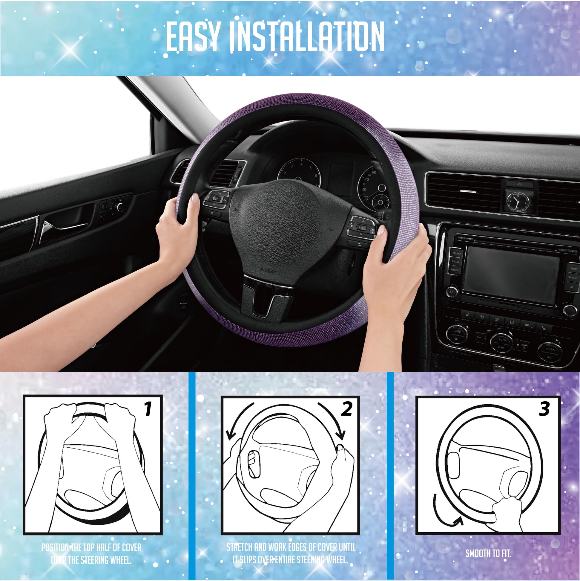 Auto Drive Bling Diamond Steering Wheel Cover, Sparkly Crystal Grip, Universal Fit for Cars,SUVs Dark Purple