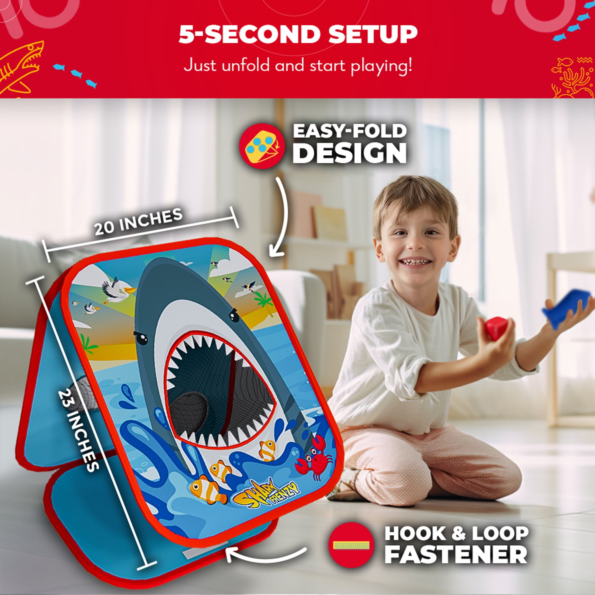 Swooc Games® - Shark Frenzy™ | 2-in-1 Bean Bag Toss Game for Kids | 5-Second Setup | Toddler Party Games For Kids 3-5 | Toddler Outdoor Games for Kids 3-6 | Shark Toys For Boys | Kids Cornhole Game
