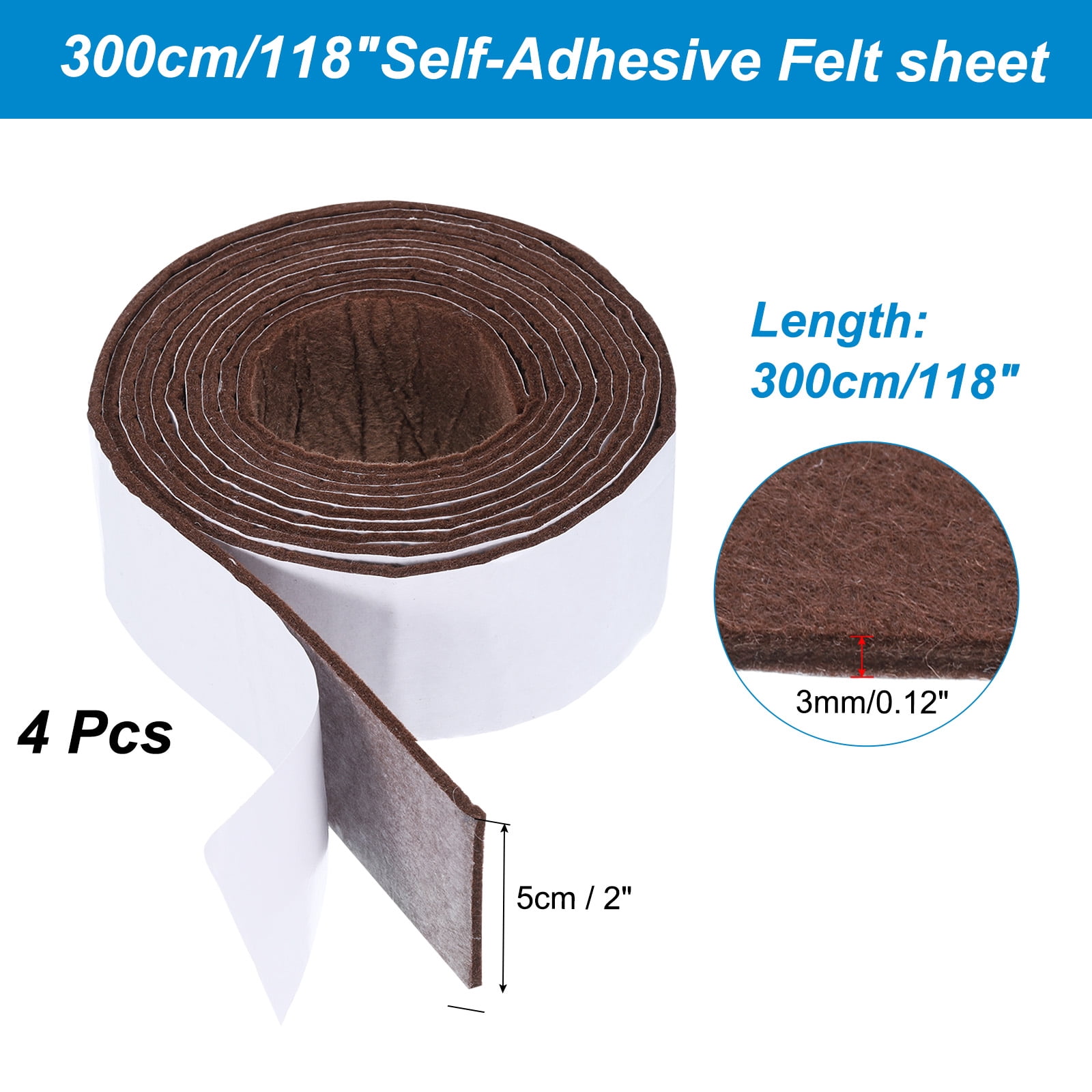Uxcell 4pcs Self-Adhesive Felt Sheets 118x2 Inches for DIY Arts and Crafts, Dark Brown