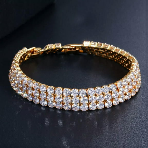 3 Row Round Out Yellow Gold CZ Tennis Bracelet for Men Women Hip Hop Jewelry