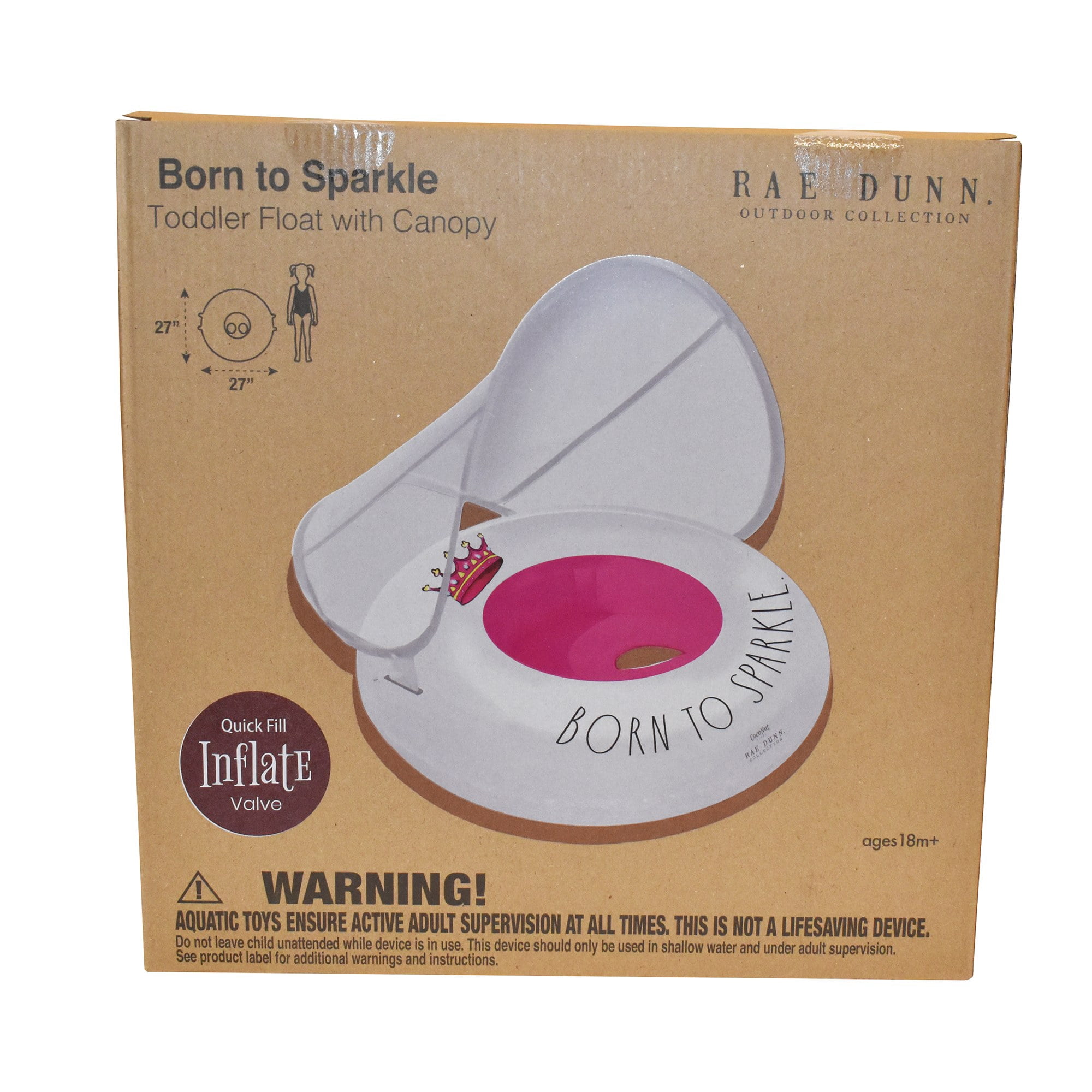 Rae Dunn Born To Sparkle -Toddler Float W/ Canopy, 27" Inflatable Water Ring Removable Canopy, CoCoNut Float, Age 18mo+