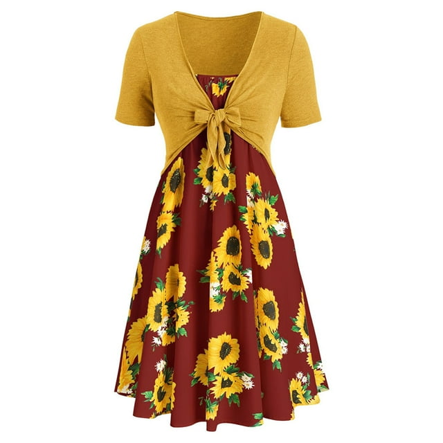 Ketyyh-chn99 Sundresses for Women Beach Maxi Dress Rompers Sleeve Ruffle Shorts Mini Dress Yellow,S