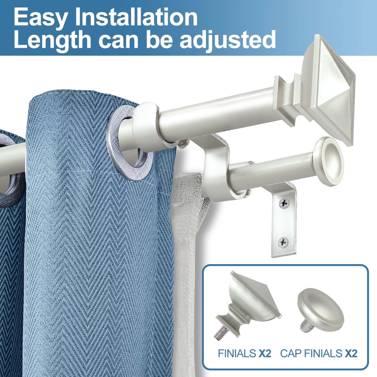 Urbanest Adjustable Double Curtain Rod Set Metal with Decorative Square Urn Finials, Heavy-Duty