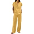thumbnail image 3 of Linen Sets for Women 2 Piece Summer Casual Short Sleeve V Neck Button down Shirts Matching Loose Wide Leg Pants, 2XL, 3 of 8