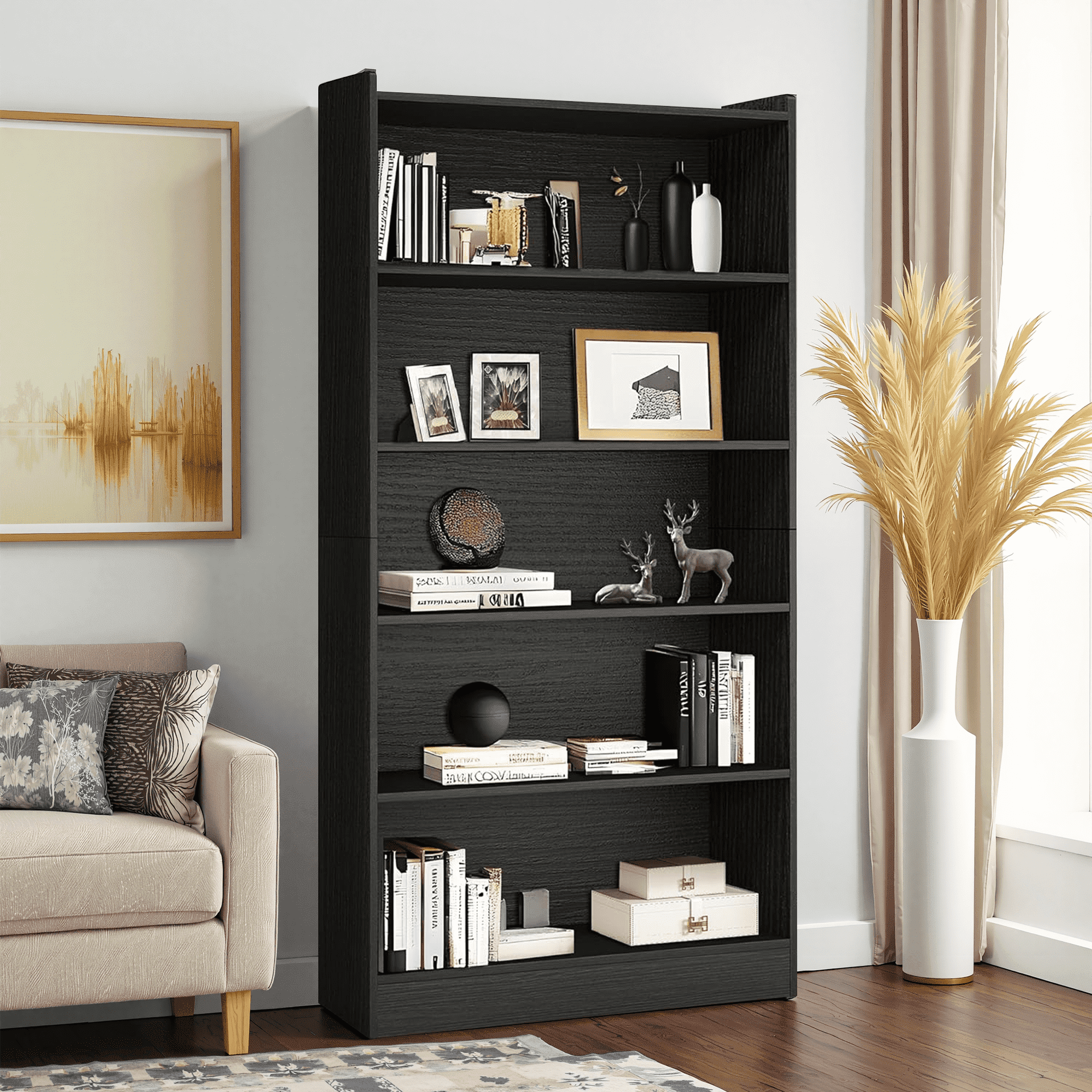 MAYEERTY 6-Tier Open Shelf Tall Bookcase 22Lbs Per Shelf Anti-Fall Top Side Panels