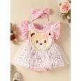 thumbnail image 2 of Infant Baby Girls Summer Rompers Dress Floral Print Bear Patch Fly Sleeve Mesh Tulle Skirt Hem Bodysuits with Headband, 2 of 9