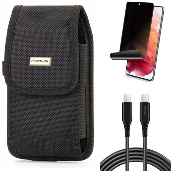 Case Belt Clip w Privacy Screen Protector w 6ft Long USB-C Cable for Samsung Galaxy S21 Plus - Swivel Holster, TPU Film Fingerprint Works, PD Fast Charger Cord Power Accessory Bundle