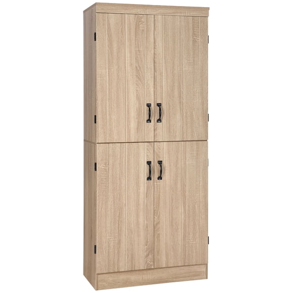 70" Natural Wood 4-Door Storage Cabinet with Adjustable Shelves - Freestanding Pantry for Kitchen, Living Room & Laundry Room Organization