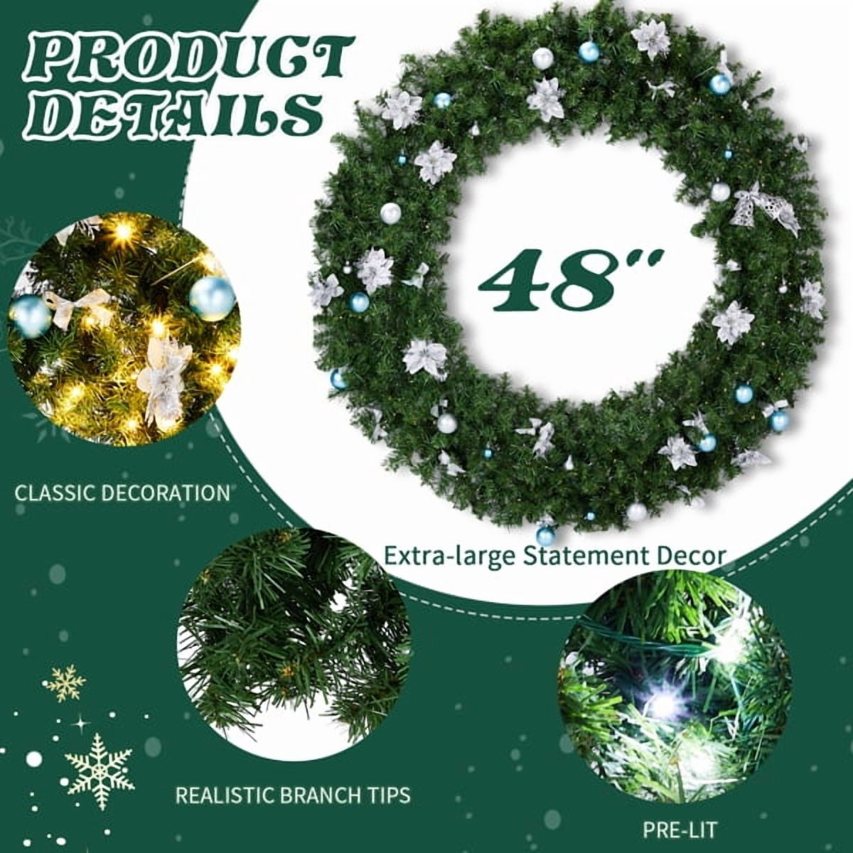 48" Lighted Artificial Christmas Wreath - 450 PVC Fir Branches, 150 Warm/Cold White LEDs (11 Modes) w/Remote, Light Green Decor for Front Door/Mantel