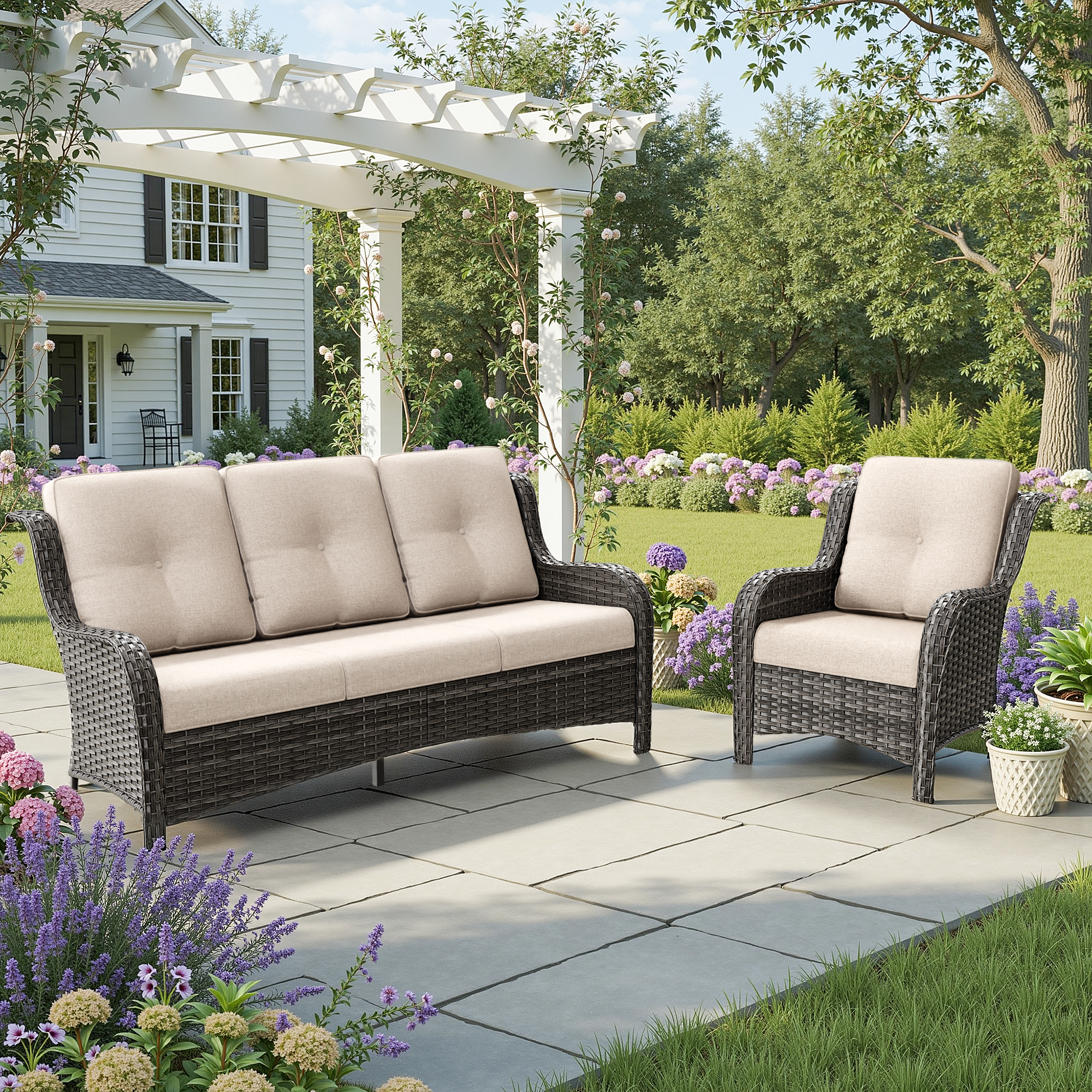 MeetLeisure 4 Inch Outdoor Cushions, Suitable for Patio Furniture, Water-Resistant & Fade-Resistant, 2 Sets, Beige