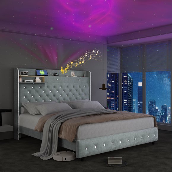 SIBEDS Queen LED Bed Frame with 52" Crystal Button Tufted Upholstered Headboard, Galaxy Projector & Charging Station, No Box Spring Needed, Velvet Gray