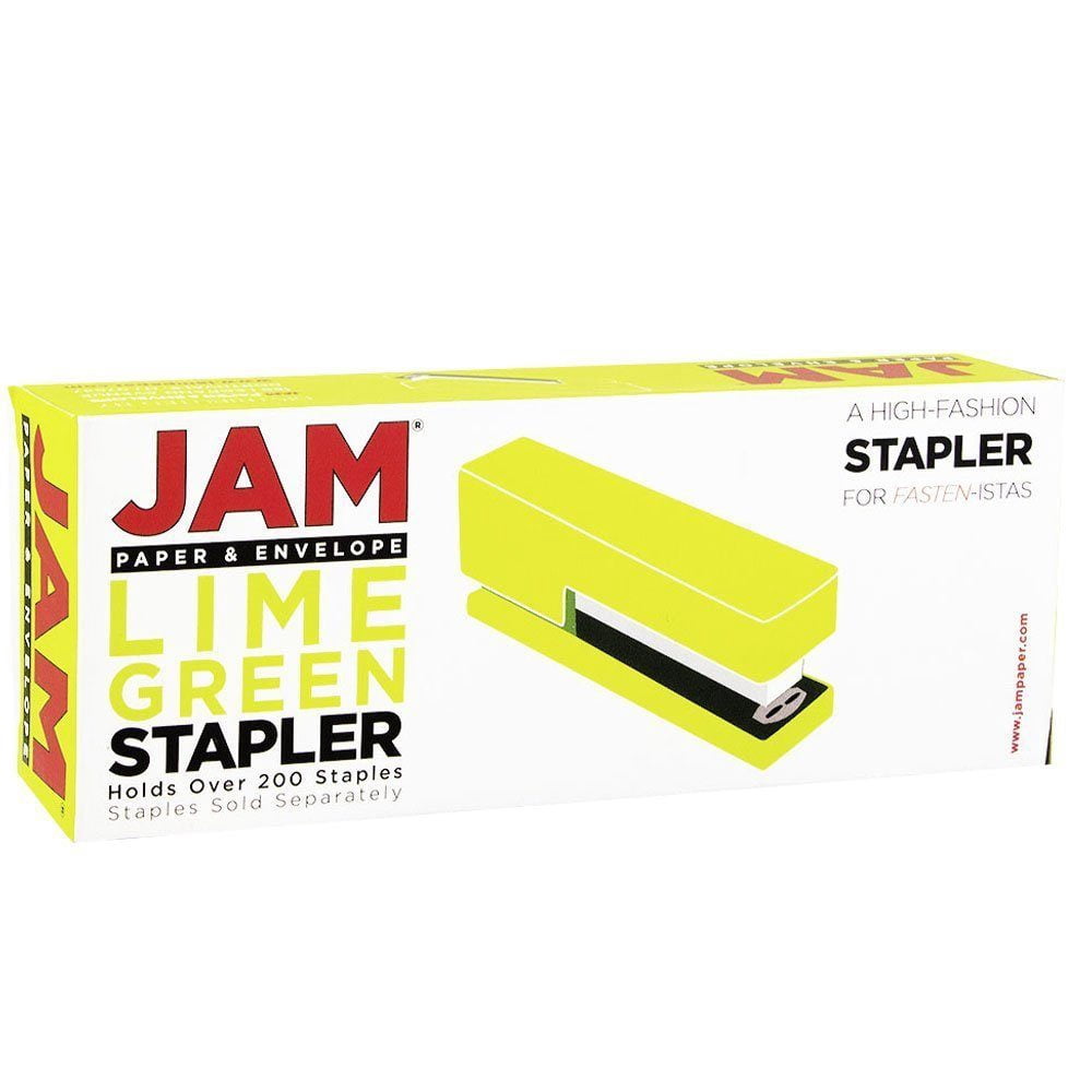 JAM Paper Office & Desk Set, 2/Pack, 1 Lime Green Stapler & 1 Blue Staples