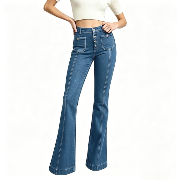 Yyeselk Women Flare Bell Jean Bottom Button Placket High Waist Jeans Vintage Stretch Wide Leg Bootcut Denim Trousers with Pockets Light Blue M