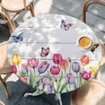 thumbnail image 2 of Tulips Spring Floral Round Tablecloth, Fitted Table Cover with Elastic for 45"-54" Round Tables, Pastoral Flowers Butterfly Wooden Table Cloth Outdoor Indoor Dinning Party Waterproof Tablecloths, 2 of 7