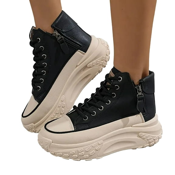 Women's Chunky High Top Fashion Sneakers with Side Zipper Casual Platform Lace up Dad Walking Canvas Shoes